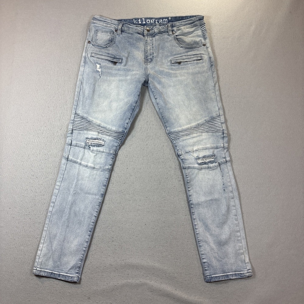 Distressed Moto Jeans Men 40X33‎ Slim Biker Zipper Ripped Tapered Denim Kilogram